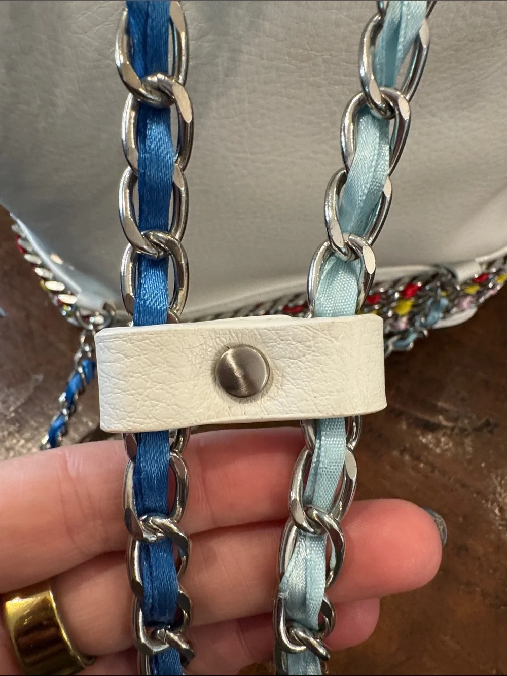 Betsey Johnson White Bucket Bag with Multicolor Chain Trim